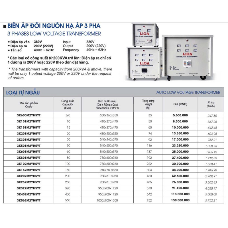 BIẾN ÁP  100KVA - 3PHA 380V - 220V/200V-BIẾN ÁP LIOA